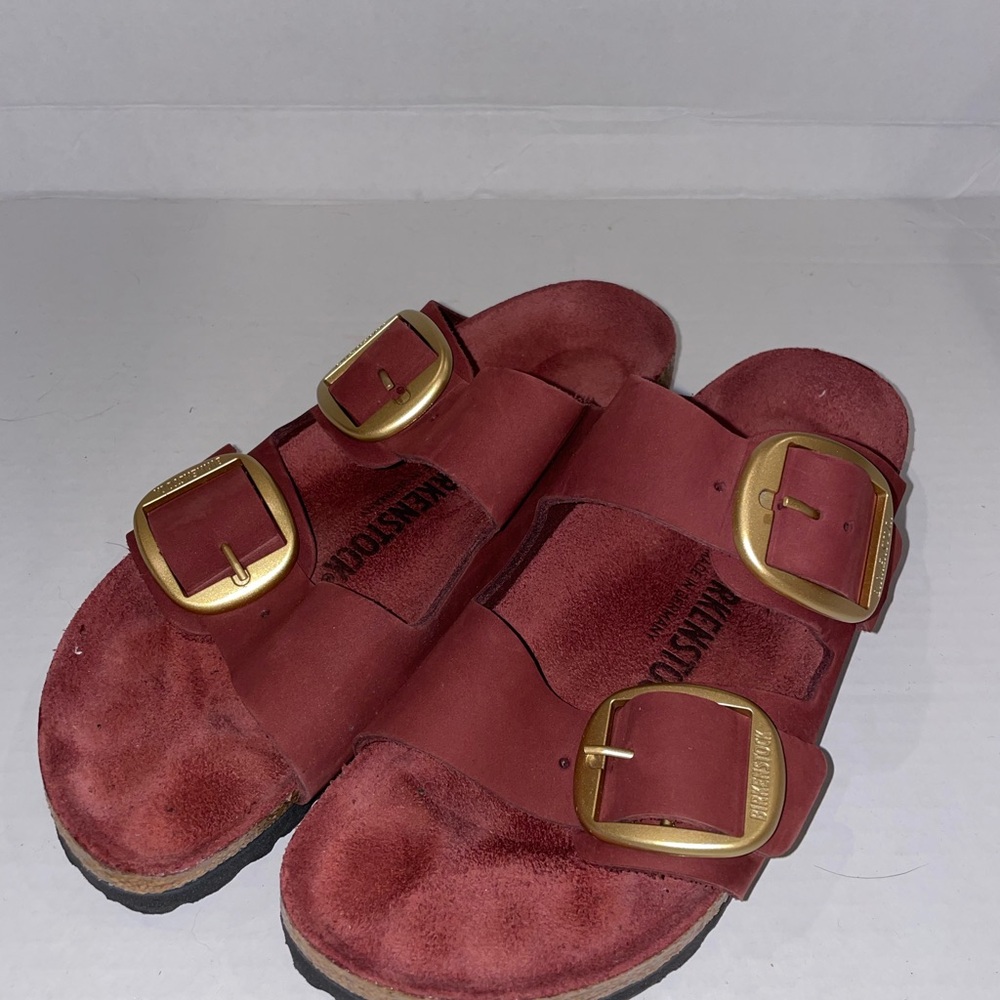 Birkenstock Arizona Big Buckle Red Sandals with Gold Buckles